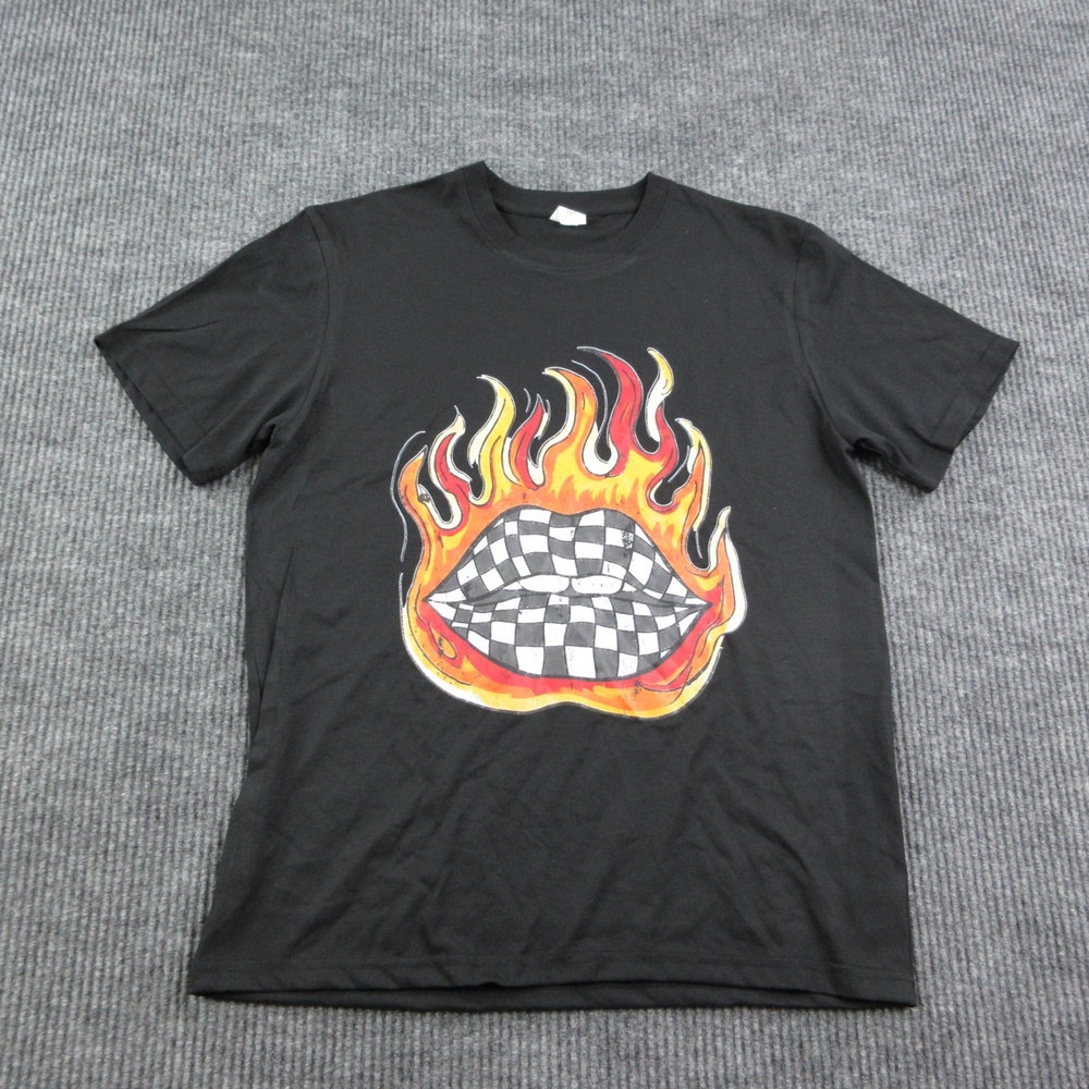 Flaming Checkerboard Lips Shirt Mens M Black Cotton Crew Neck Graphic Tee